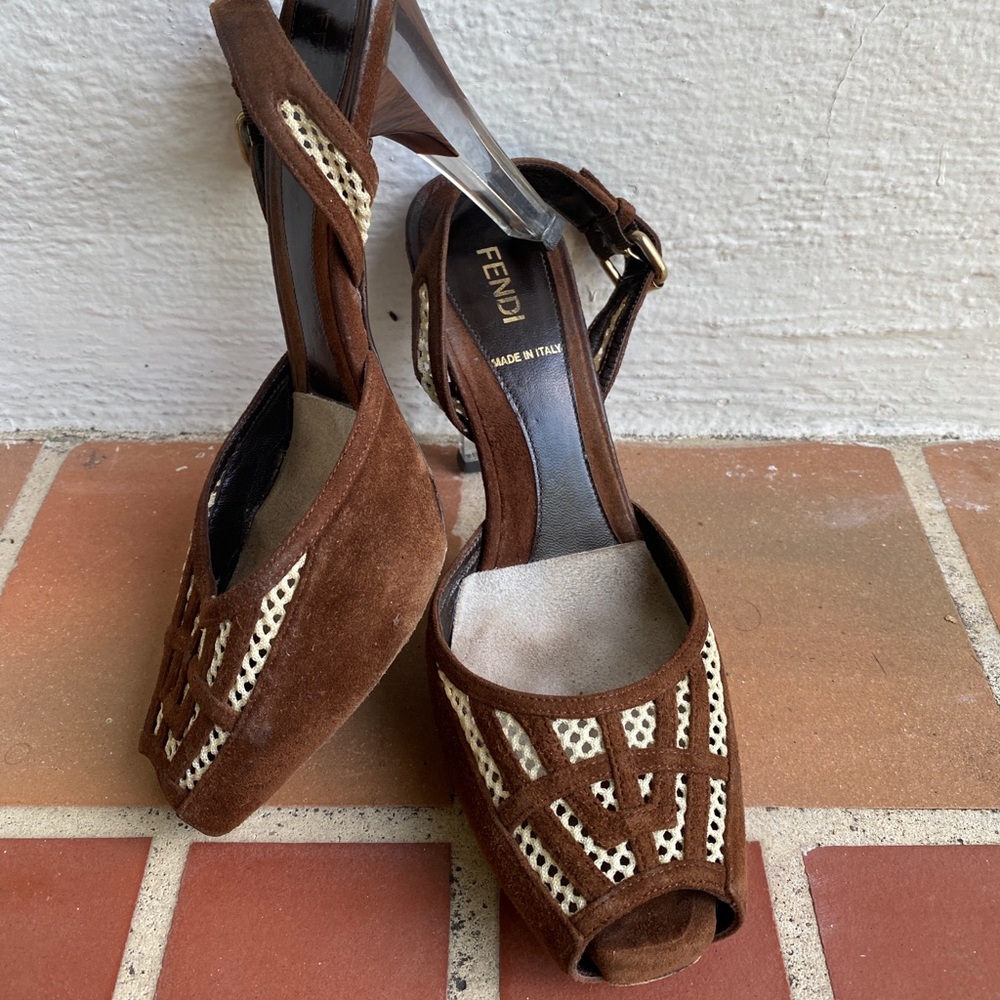 FENDI ladie’s Brown Suede and Mesh Lucite heels